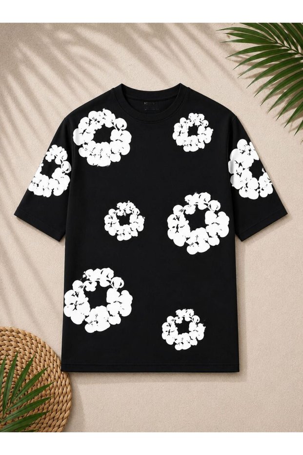 Fashion Oversized Unisex T-Shirt - 3D Puff Embossed Printed Floral Pattern
