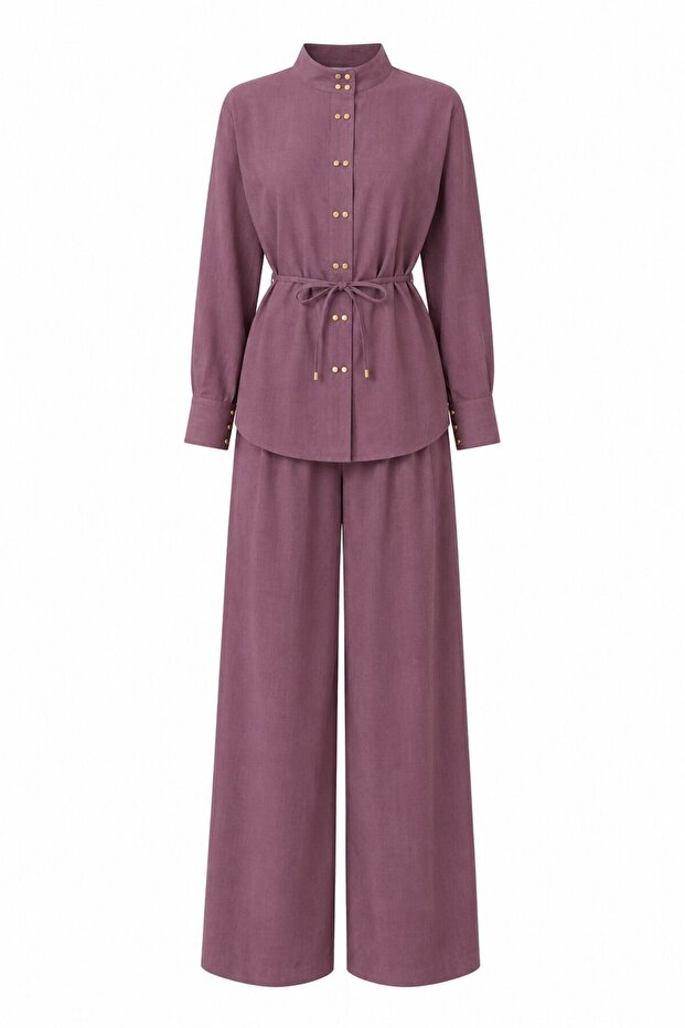 Cherry Color Square Gold Buttoned Shirt and Trousers Set - 51348