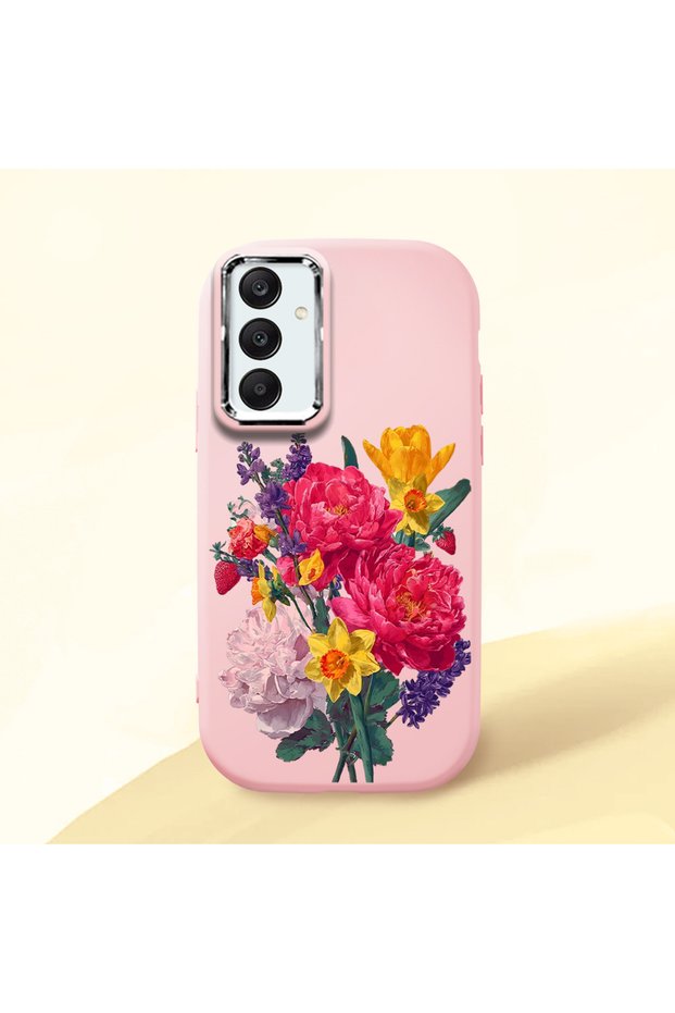 Samsung Galaxy A25 Compatible Case Camera Protector Pink Silicone Couple Phone Case with Floral Pattern