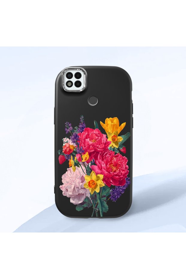 Poco C31 Compatible Case Camera Protector Black Silicone Couple Phone Case with Floral Pattern