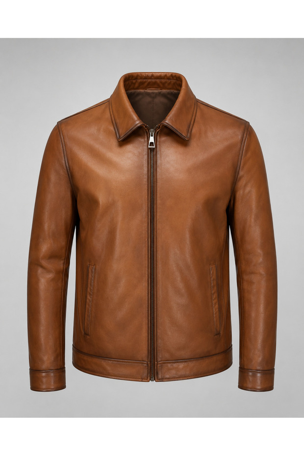Men's Polo Collar Genuine Leather Jacket