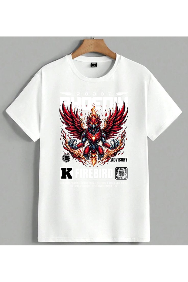 Ates Melek Kizil Kanat Robot Printed Unisex Oversize T-Shirt White