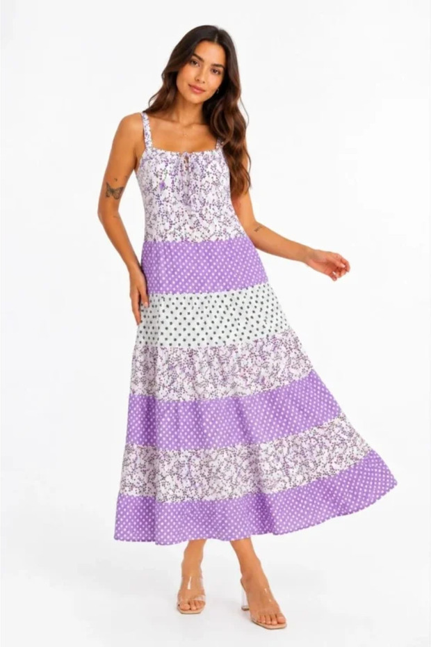 Strappy Floral Patterned Linen Fabric Layered Casual Maxi Dress - Lilac