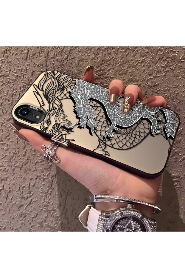 iPhone Xr Compatible High Quality Chinese Style Black and White Dragon Printed Case