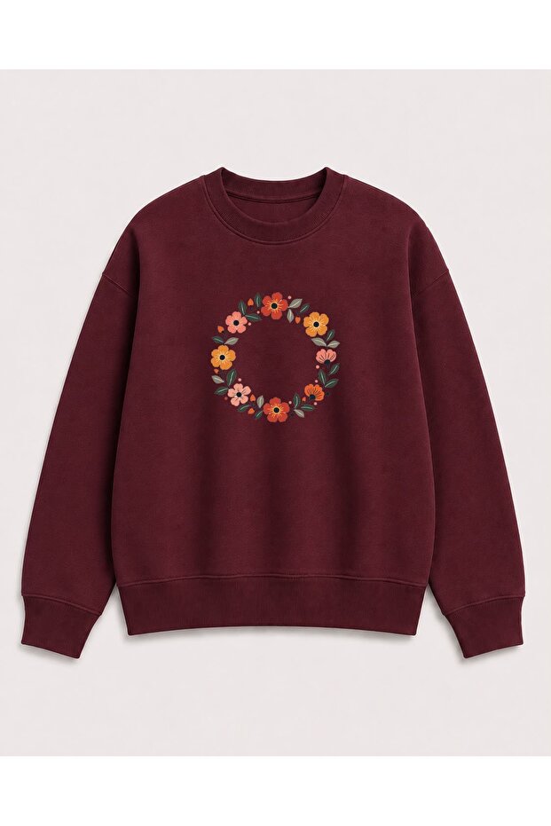 Ring Flowers Print Detailed Shirred 2 Thread Crew Neck Sweatshirt