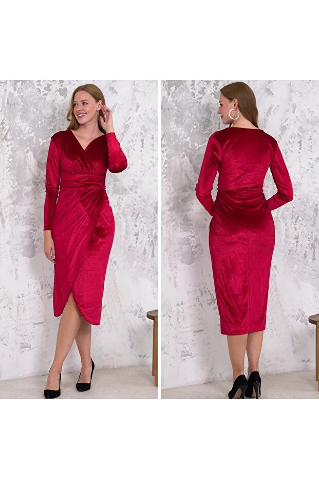 Women's velvet fabric v neck long sleeve midi length dress