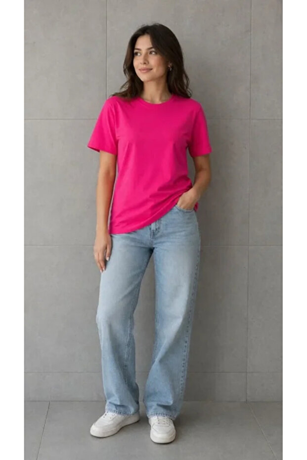 Basic Cotton T-Shirt Crew Neck Solid Color Relaxed Fit T-Shirt - Fuchsia