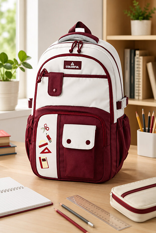 Burgundy Unisex School Backpack with Accessories Primary School - Middle School - High School