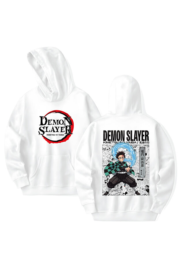 سويت شيرت بقلنسوة من القطن المطبوع عليه Demon Slayer بأكمام طويلة و3 خيوط