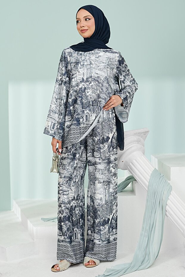 Navy Blue Patterned Tunic Trouser Set
