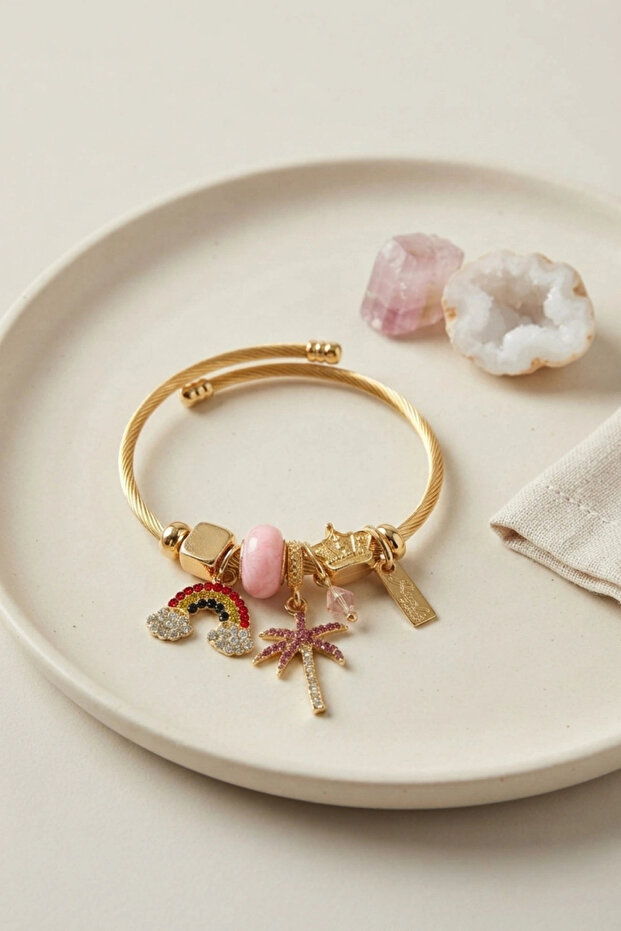 Bracelet with Rainbow and Pink Palm Charms