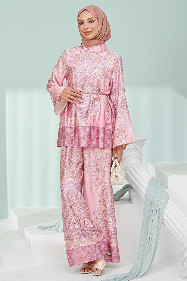 Pink Patterned Tunic Trouser Set
