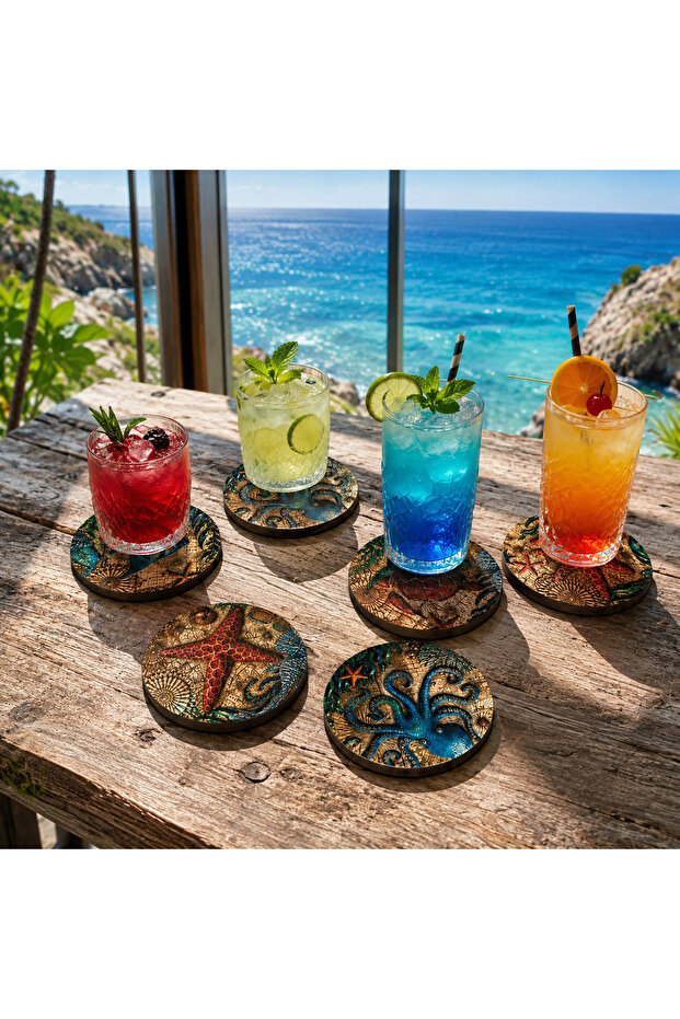 Ocean Creatures Themed Coasters Set of 6 9X9 cm Mdf |   Non-Fading Uv Printing |   Decorative Undersea Design Coasters