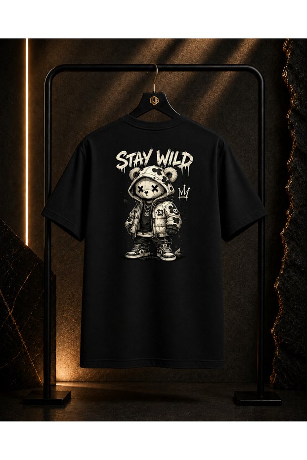 Unisex Stay Wild Bear Back and Front Printed 100% Cotton Oversize Crew Neck Short Sleeve T-Shirt Black