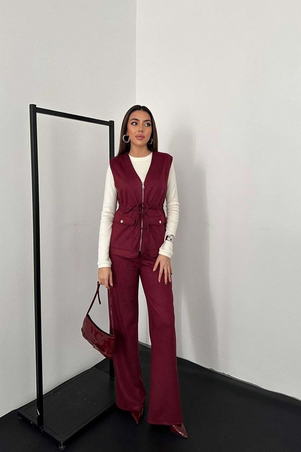 Women's Burgundy Suede Vest and Trousers Set with Zipper, Lacing, Pockets, Wide Legs
