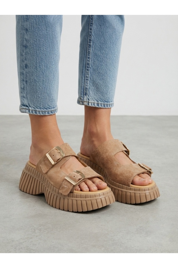 Genuine Leather Poly Sole Women's Platform Heeled Slippers - 7 cm