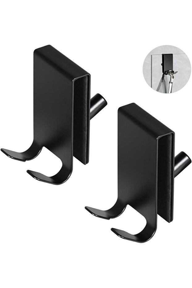 2-Pack Shower Hooks, Double-Sided Shower Glass Towel Racks, Fits Bathroom Walls 5-12mm (Black)