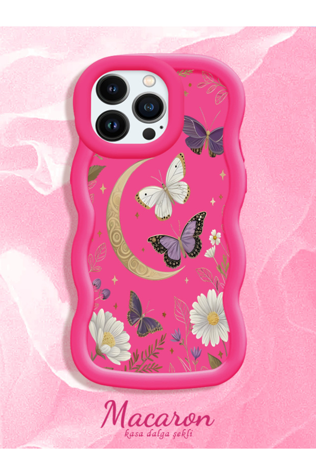 iPhone 13 Pro Compatible Wavy Frame Moon Butterfly and Flower Pattern Silicone Phone Case