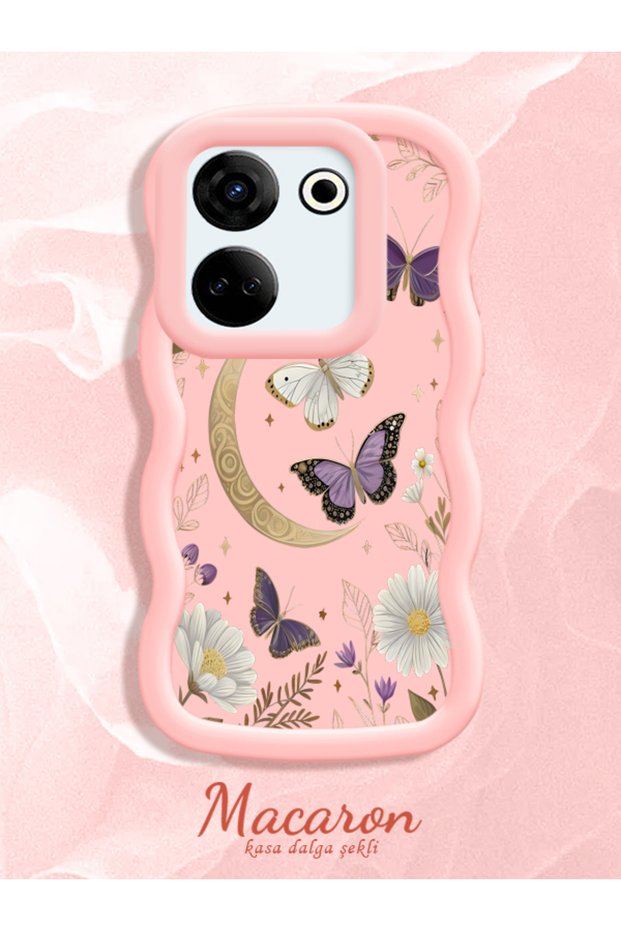 Tecno Camon 20 Compatible Wavy Frame Moon Butterfly and Flower Patterned Silicone Phone Case