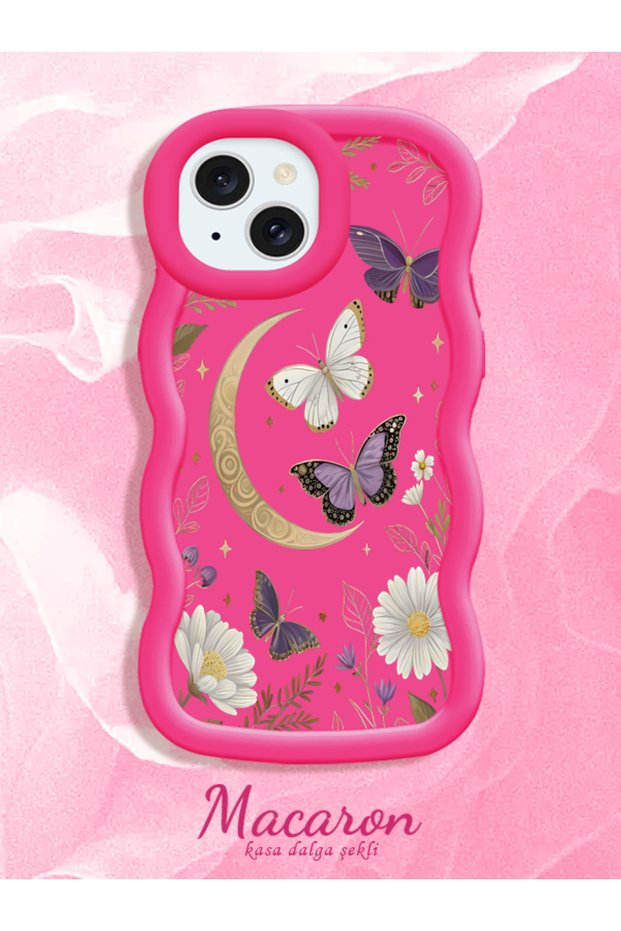 iPhone 15 Plus Compatible Wavy Frame Moon Butterfly and Flower Pattern Silicone Phone Case