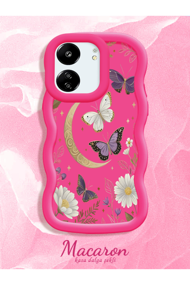 Redmi 13C 4G/5G Compatible Wavy Frame Moon Butterfly and Flower Pattern Silicone Phone Case