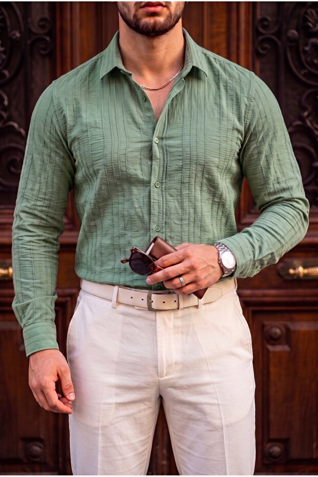 Oslo men's green linen-look self-patterned shirt