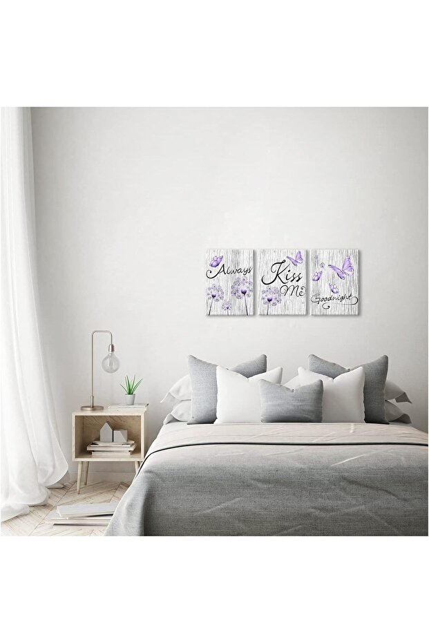 12x16 Inch 3 Panel Gallery Wrapped Canvas | Always Kiss Me Goodnight Wall Art | Purple Butterfly Dandelion Decor