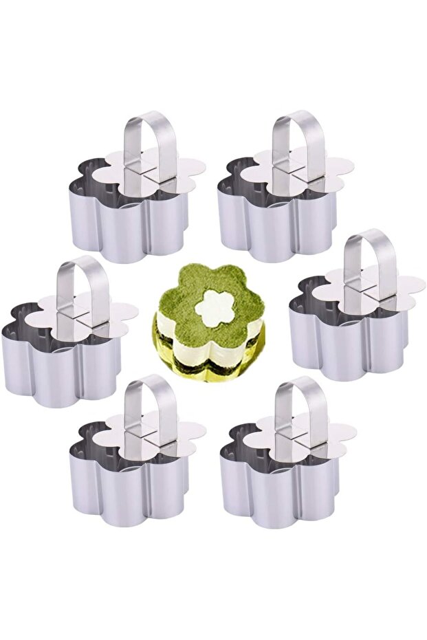 6-Piece Stainless Steel Flower-Shaped Dessert Ring Molds with Handles (silver, 8x3.8cm).