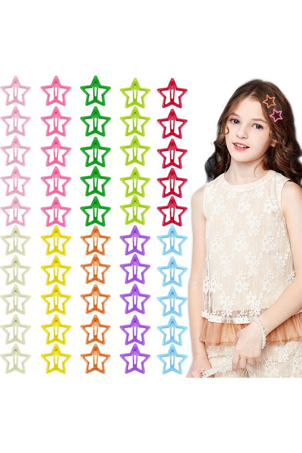 50 pieces of 3cm sparkly star-shaped hair clips and hairpins in a variety of colors, for 2000s and millennial girls. Also includes non-slip metal