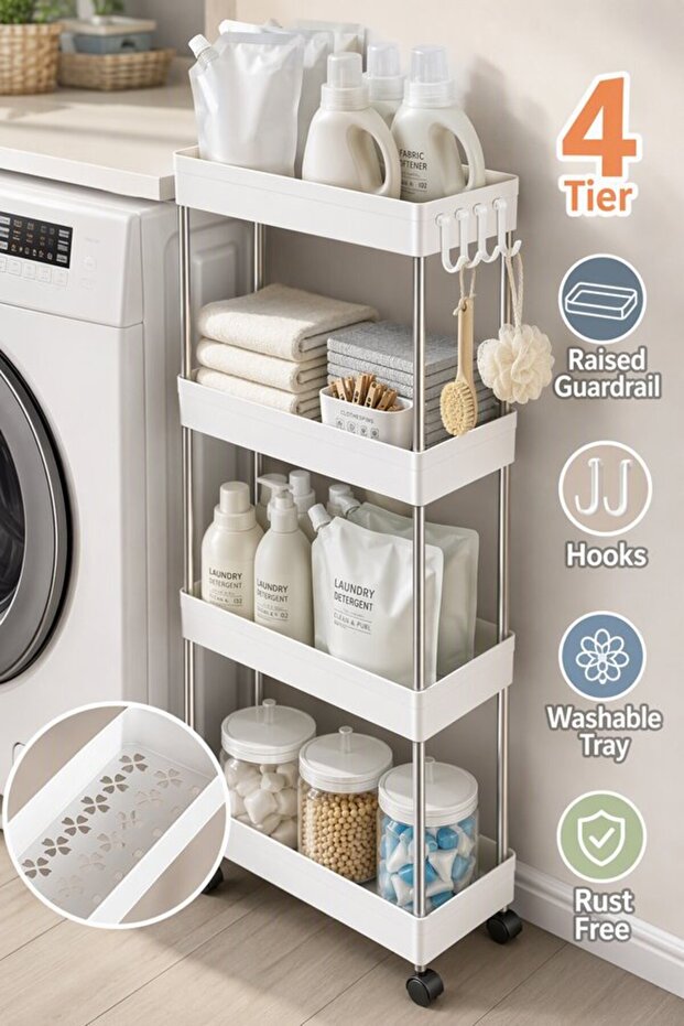 1 Plastic Rolling Storage Cart 4 Tier Organizer Rack Narrow Space Draining Shelves Rust Free Wheels