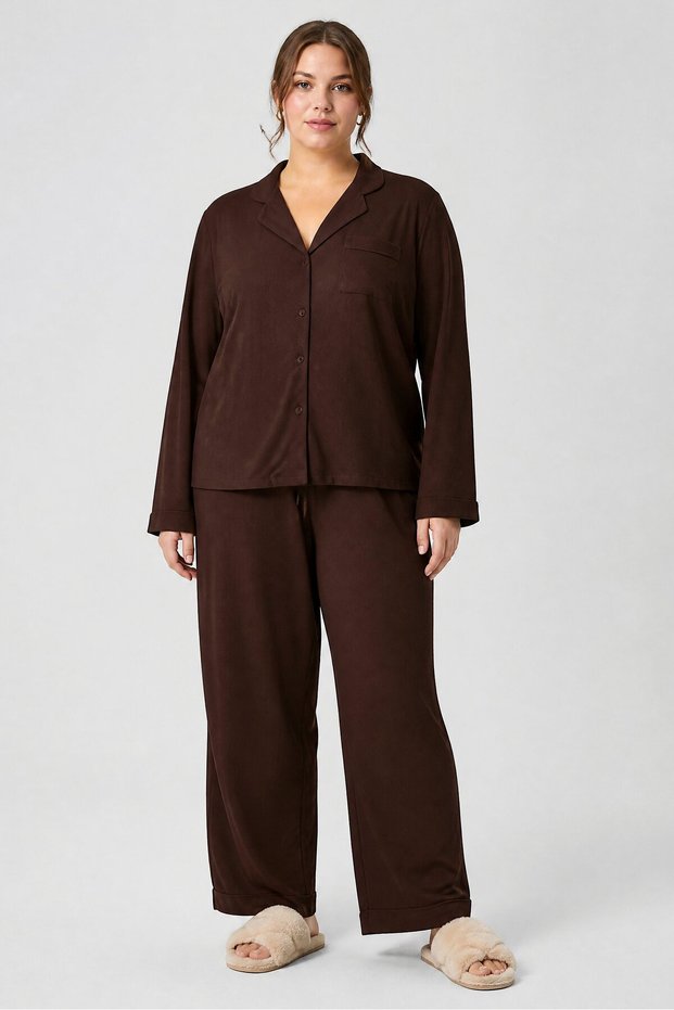 Women 2 Pieces Textured Long Sleeve Shirt With Pants Sleepwear Set, Dark Brown