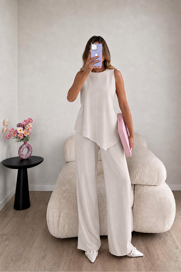 Linen Tied Asymmetrical Cut Vest and Trousers Set