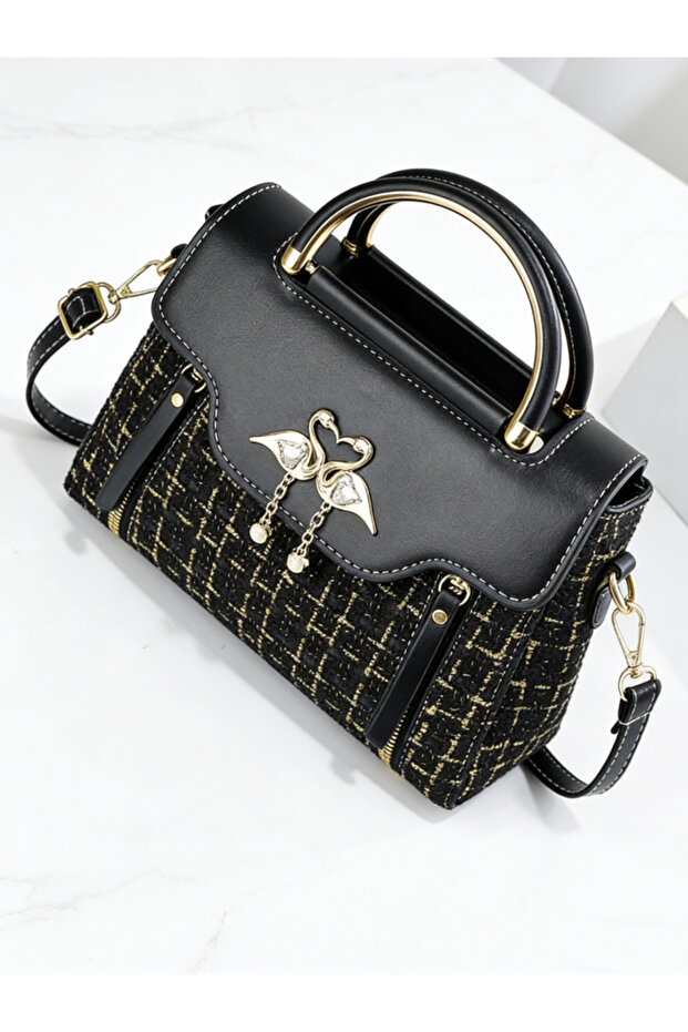 Black Tweed Look Handbag with Swan Detail