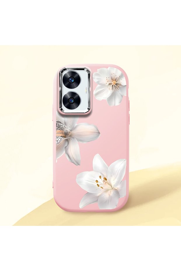 Realme C55 Compatible Case Camera Protector Pink Silicone Couple Phone Case with Floral Pattern