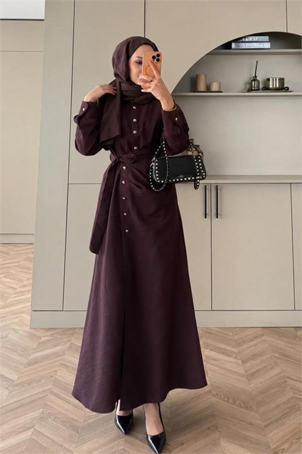 Women's Burgundy Gold Button Detailed Wrap Hijab Dress Nms091