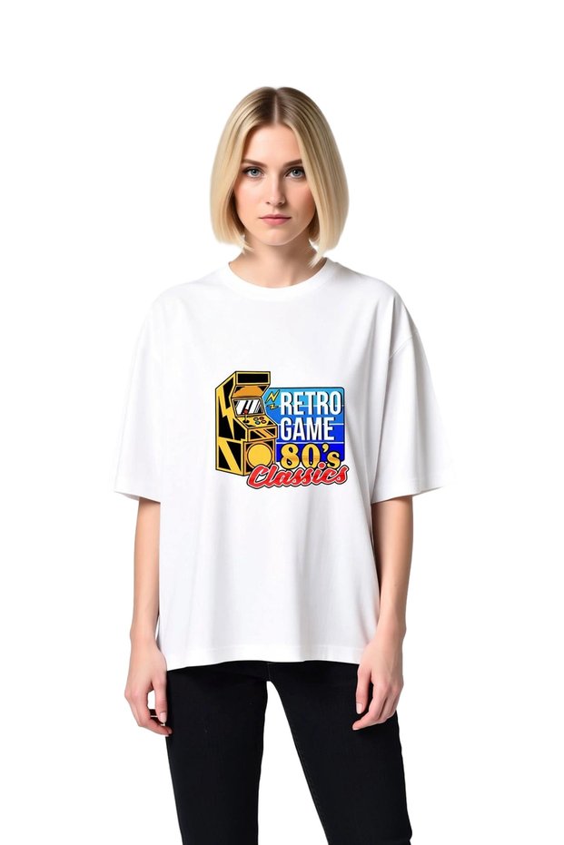 Women's Oversize Arcade Game Printed T-Shirt 100% Cotton Relaxed Fit Nostalgia Themed Casual Modern Stylish