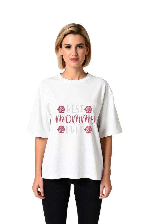 Women's Oversize Short Sleeve T-Shirt Floral Pattern Mother Print Relaxed Fit Casual Wear Modern Stylish