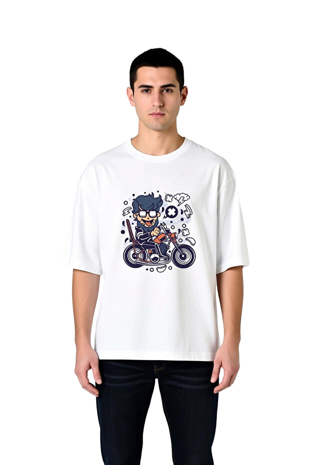 Cartoon Man Motorcycle Line Art Printed Men's Oversize T-Shirt