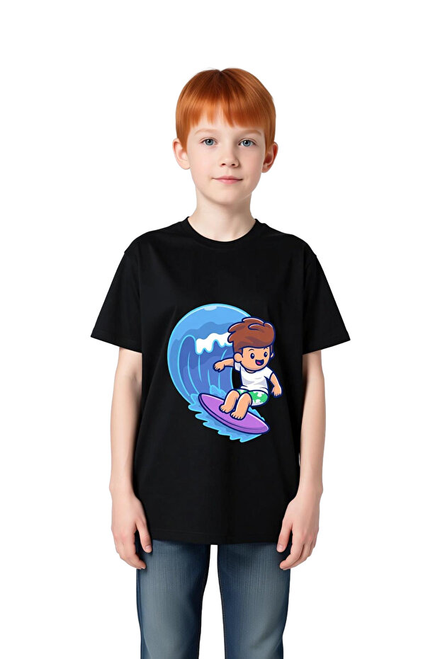 Surfing on the Wave Cartoon Character Printed Children's T-Shirt