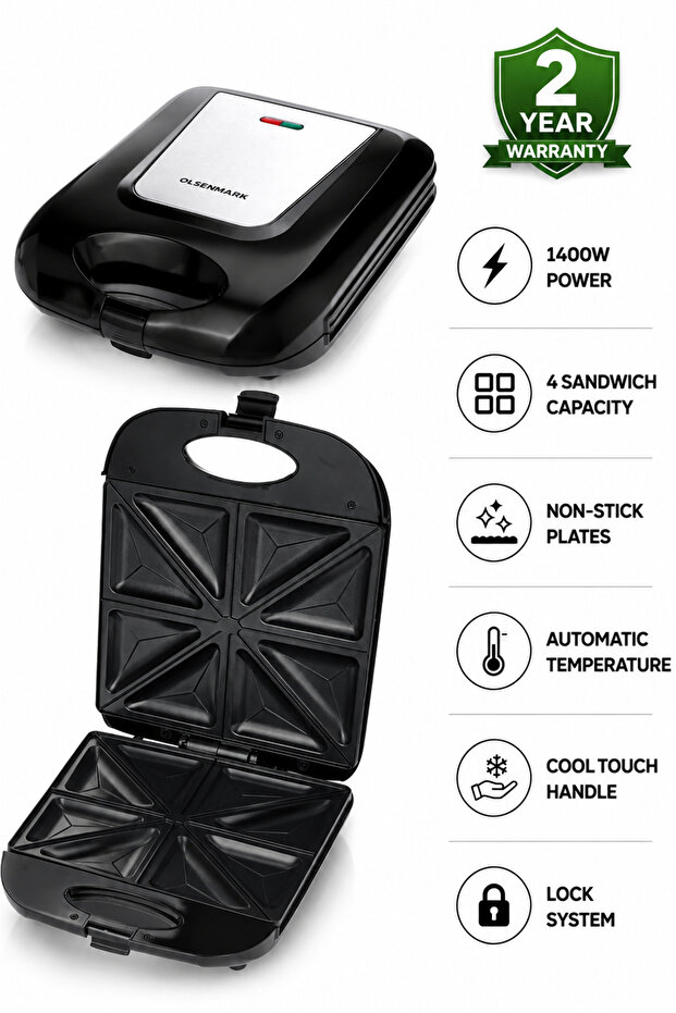 Olsenmark 1400W 4 Slice Sandwich Maker| Non-Stick Coated Plates| Automatic Temperature Control| Cool Touch Handle| Lock System| Power Indicator| Black