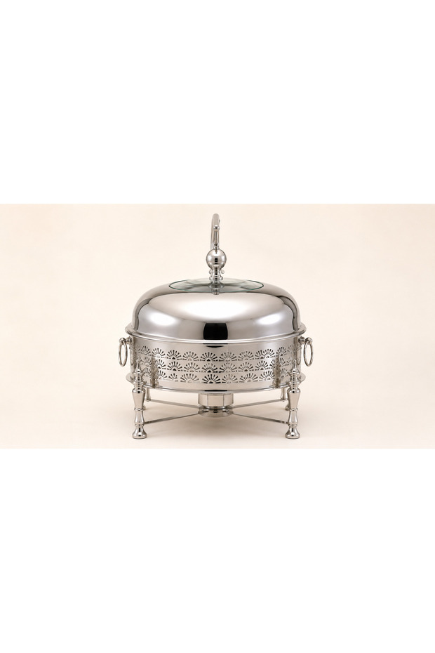 6L Round Buffet Server with Hanging Lid and Mirror Silver Finish