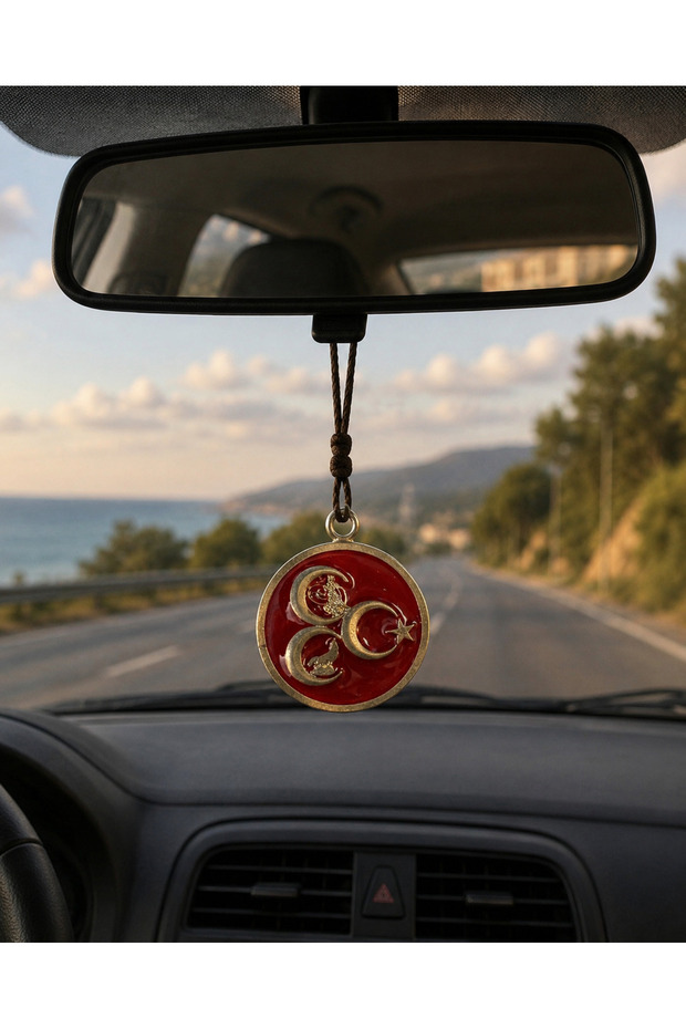 Bozkurt Crescent and Moon Star Figured Car Rearview Mirror Ornament – Red Metal Auto Accessory