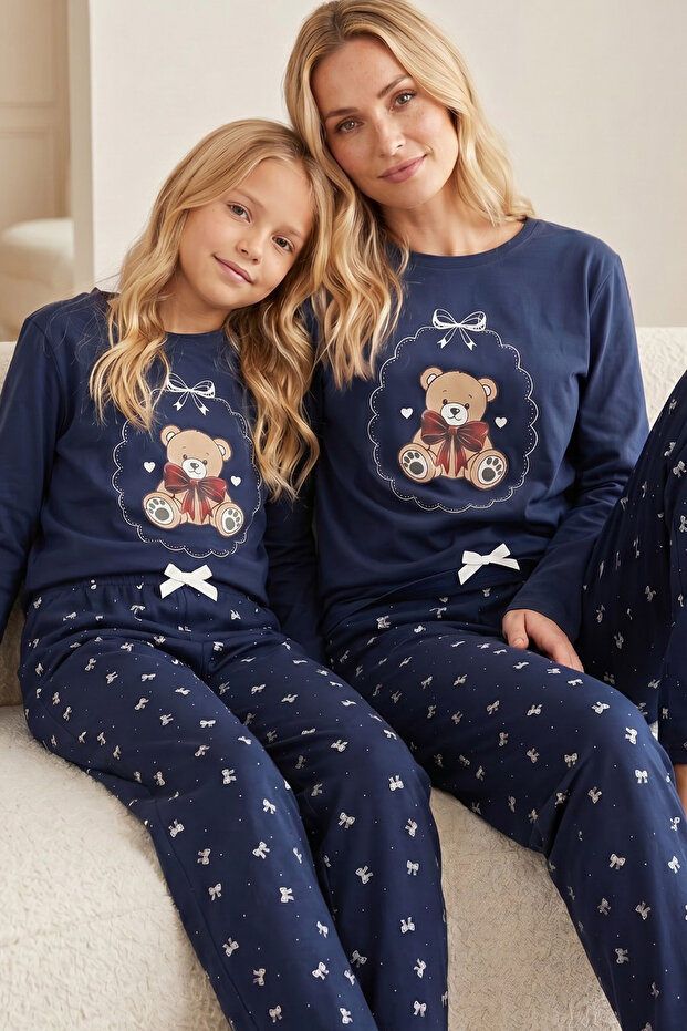 Navy Blue Patterned Cotton Lycra Knitted Pajama Set26241164