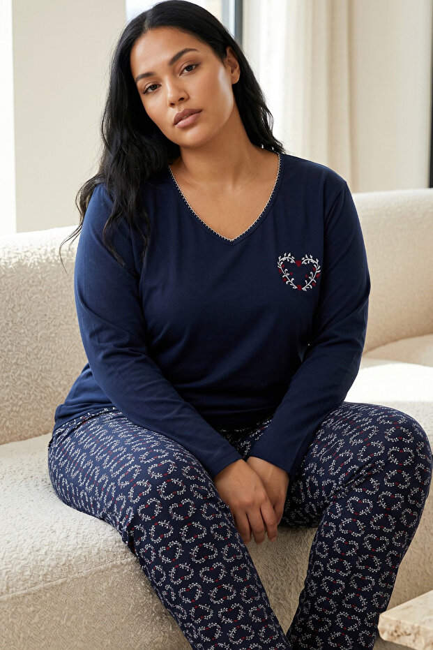 Navy Blue Patterned Embroidered Cotton Lycra Large Size Oversized Knitted Pajama Set26240907