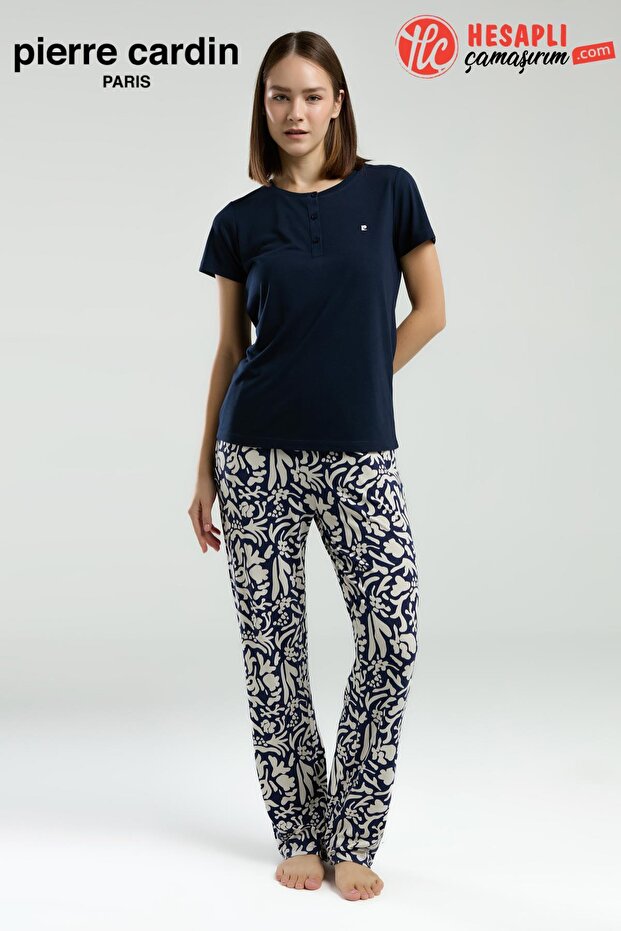 Paris Premium Women's Navy Blue Buttoned Collar Short Sleeve Pajama Set