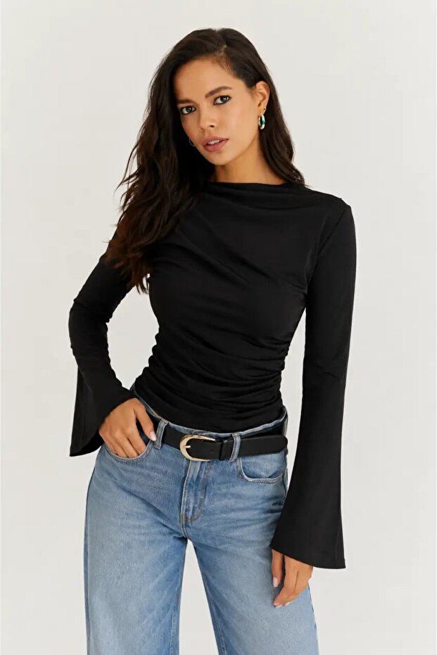 Women's Black Degaje Collar Draped Long Sleeve Blouse