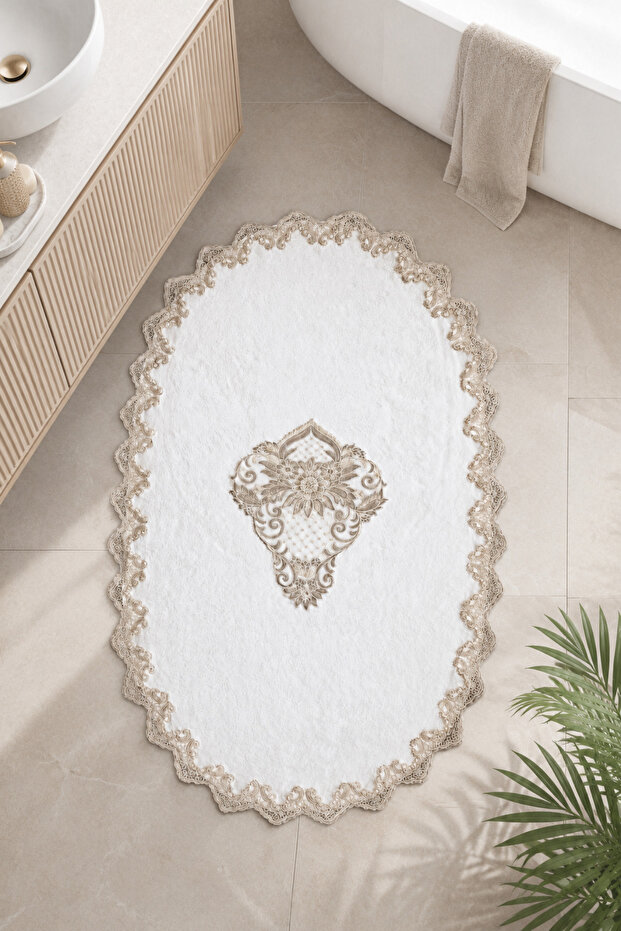 White Embroidered Non-Slip Base Bath Mat Lace-Up Washable Bathroom Set Venecca