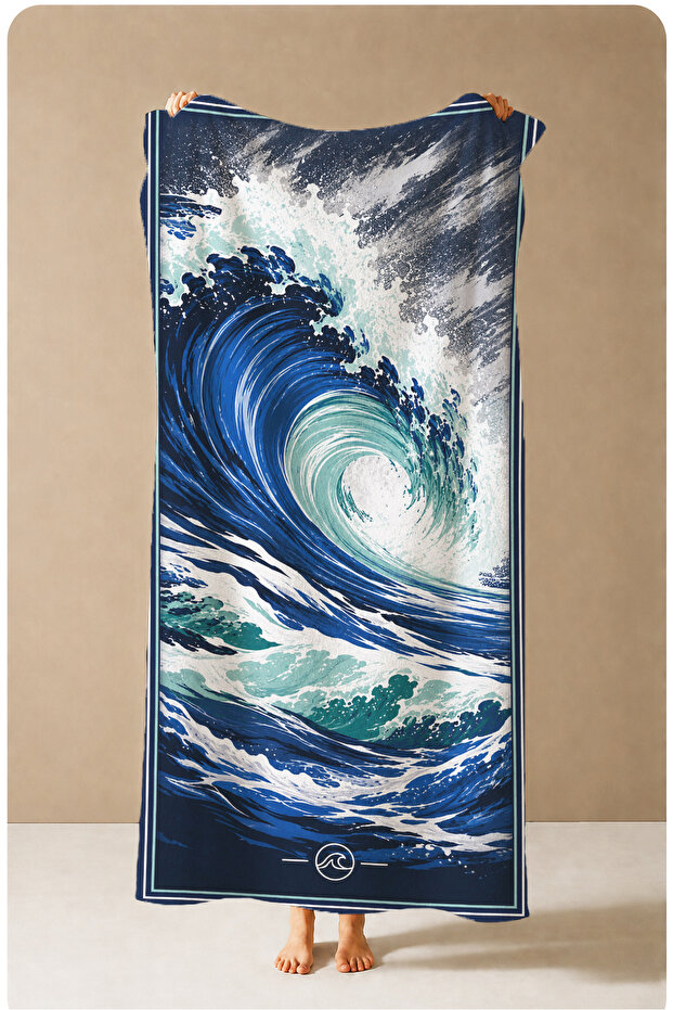 Photorealistic Navy Blue Giant Ocean Wave Patterned 70X150 Beach Towel - Cotton Bath Towel