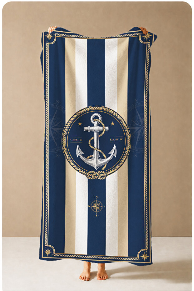 Nautical Navy Blue White Striped Anchor Emblem Patterned 70X150 Beach Towel - Cotton Bath Towel