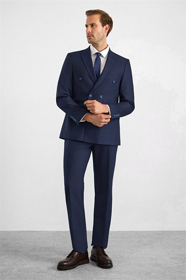Navy Blue Slim Double Breasted Collar Plain Dobby Pocket 6 Drop Suit
